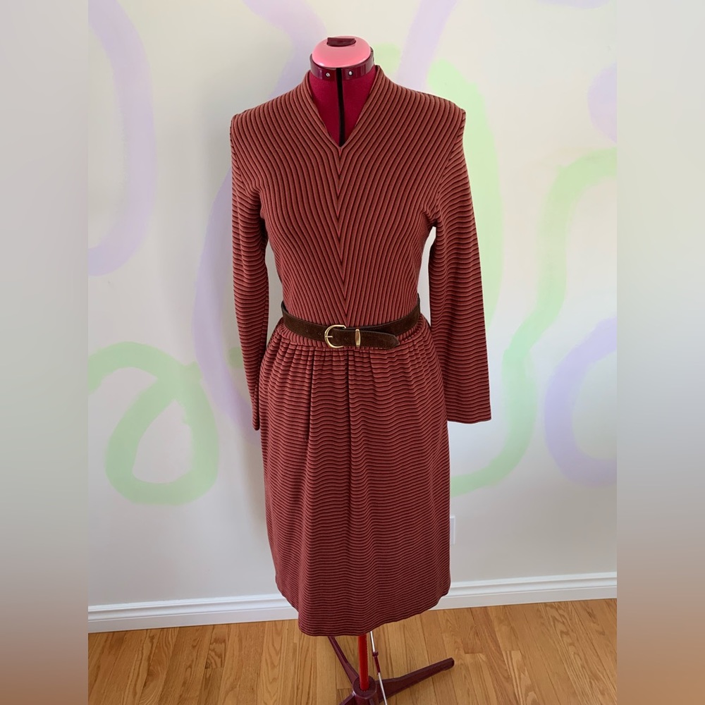 Vintage Stripped Long Sleeve Maxi Dress with Original Suede Belt